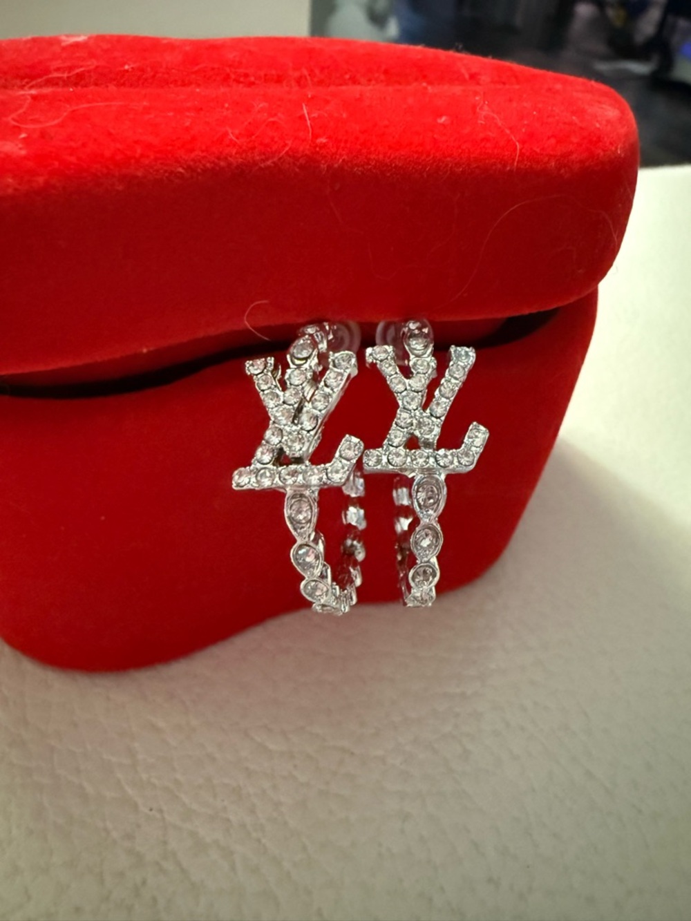 Crystal Logo Hoop Earrings - Silver Rhinestone